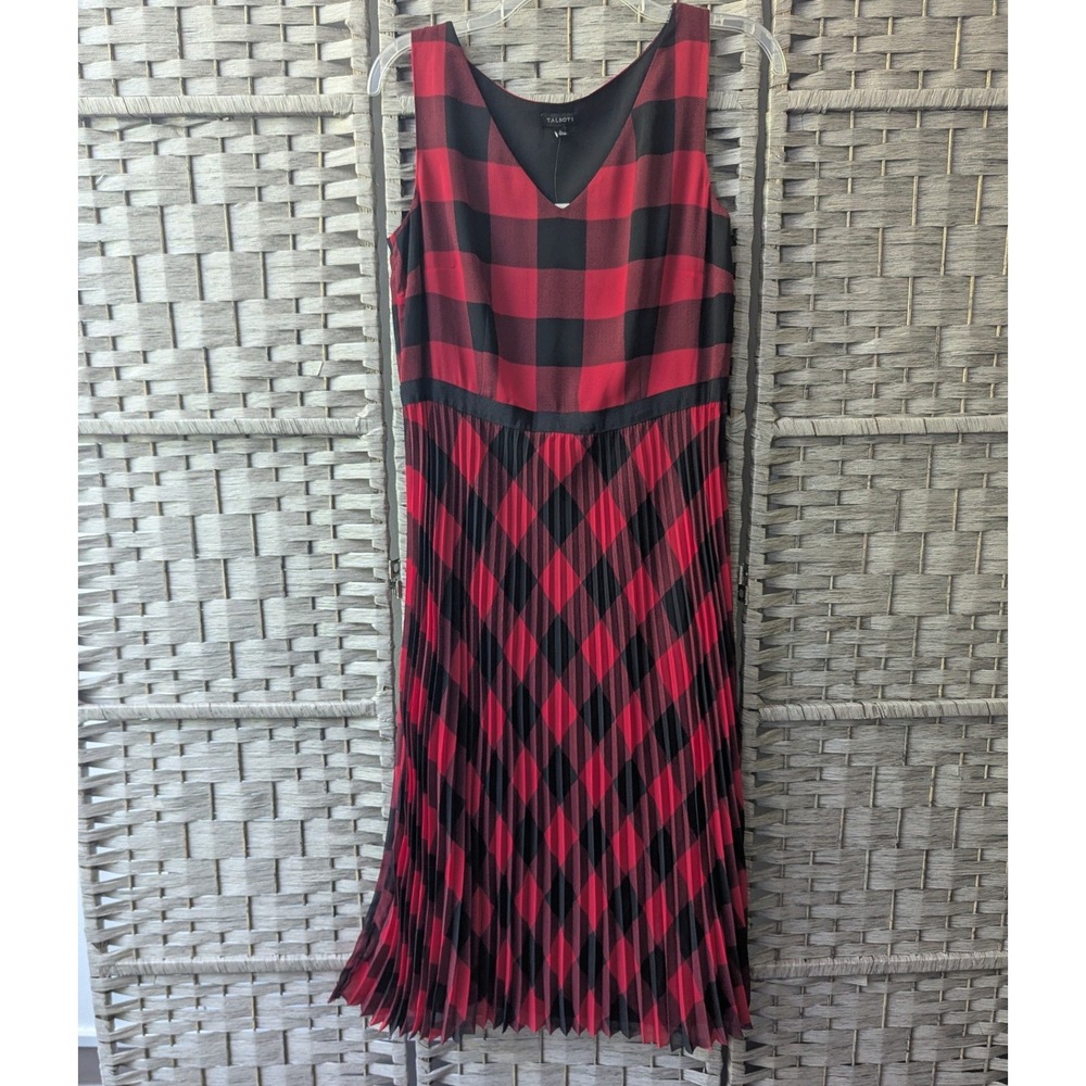 Talbots Midi Dress Red Black Buffalo Plaid Pleated Sleeveless 6 Modest Classic